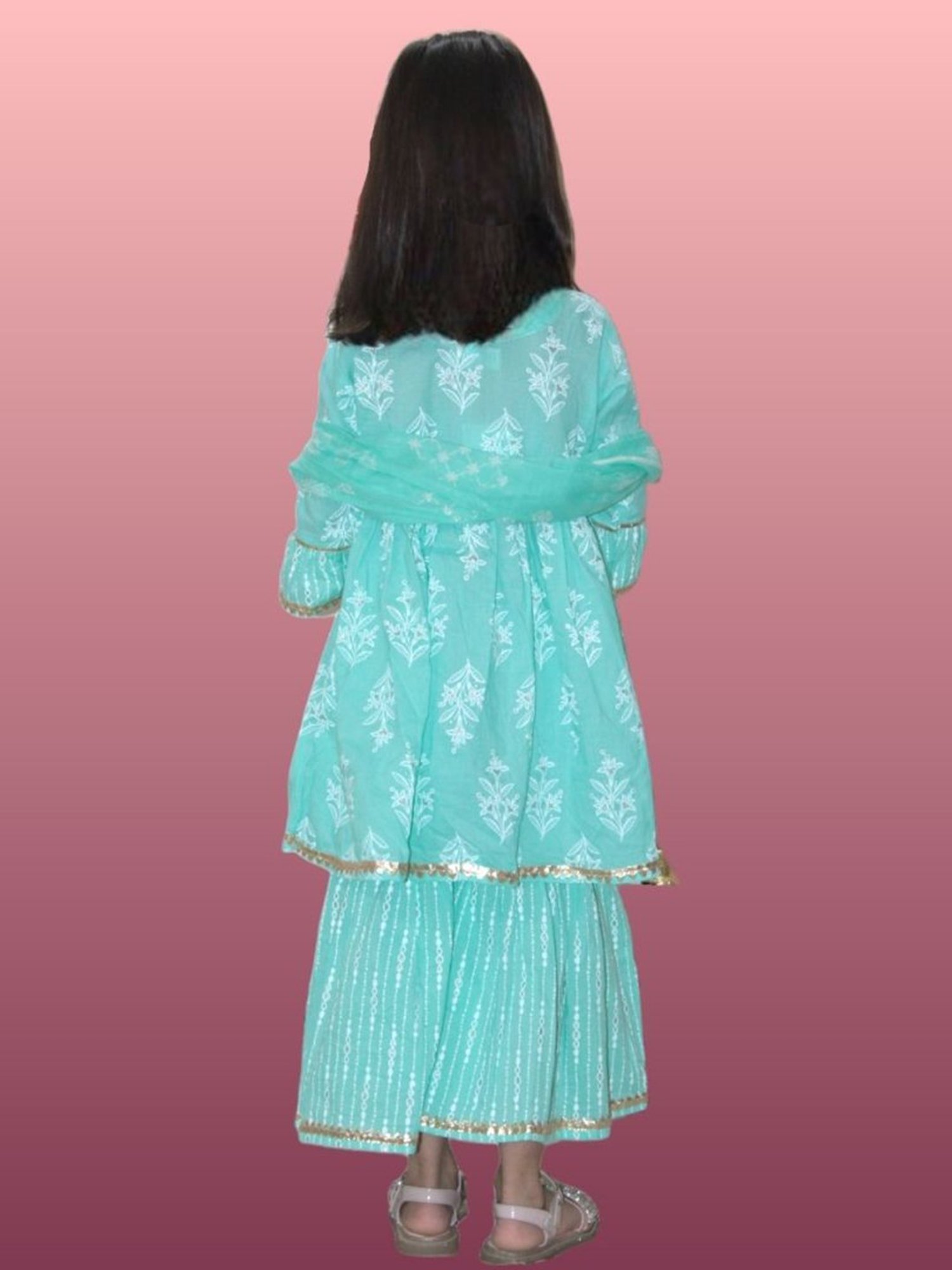 Tippy Top Kids Turquoise Floral Print Kurta, Sharara with Dupatta