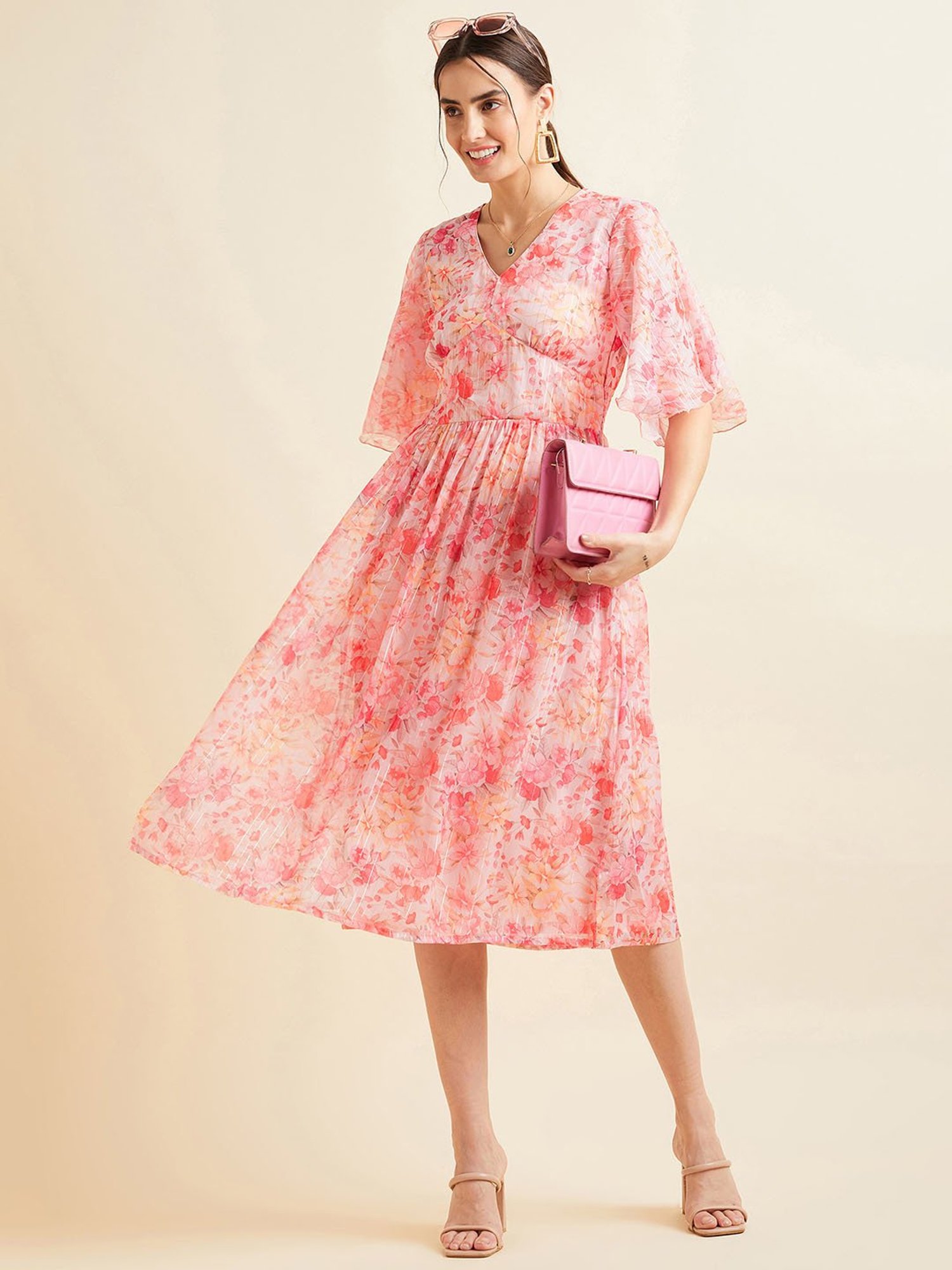 PANIT Pink Floral Print Ethnic Dress