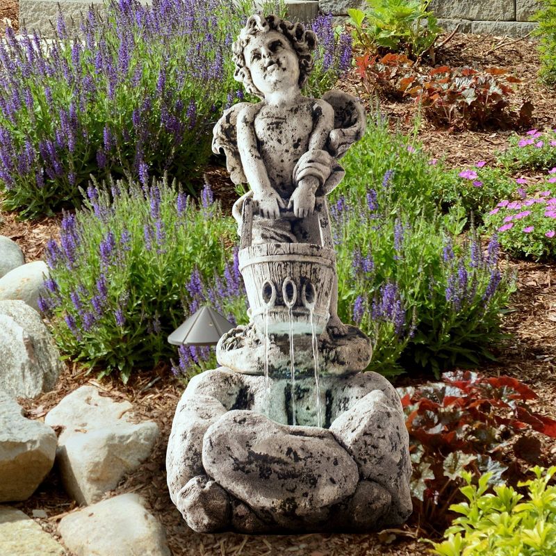 10.25" x 15" x 24" Outdoor Cherub Fountain With LED Lights - Camel - Pure Garden