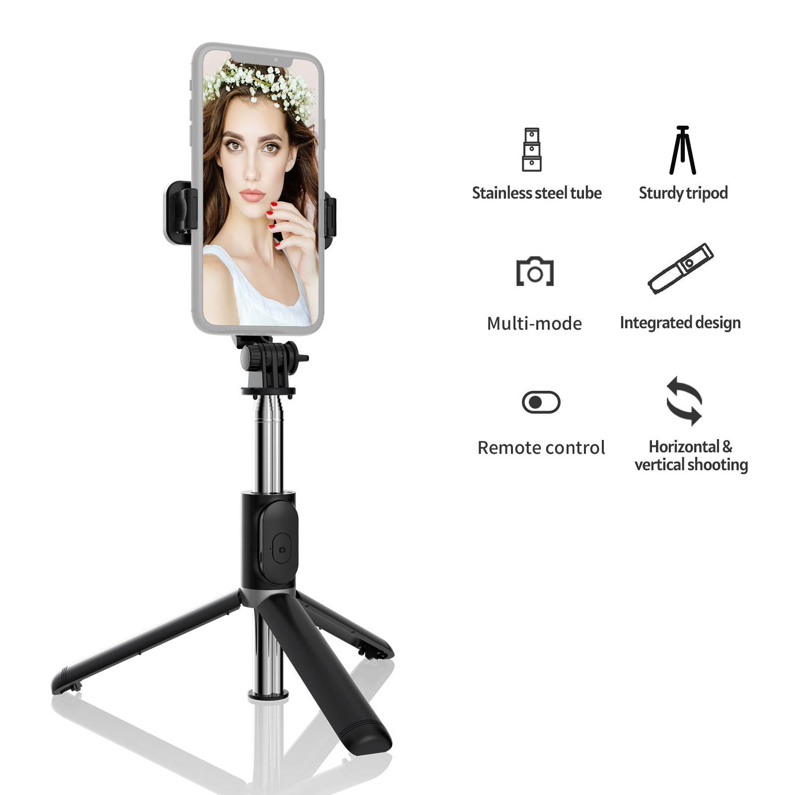 Multifunctional Wireless BT Selfie Stick Portable Extendable Tripod Stand with 103cm Max. Length Remote Control for Vlog Video Shooting Group Photo Selfies Live Stream