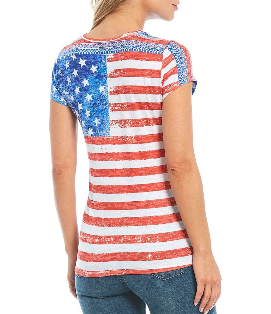 Reba Studded American Flag Jewel Neck Short Sleeve Tee