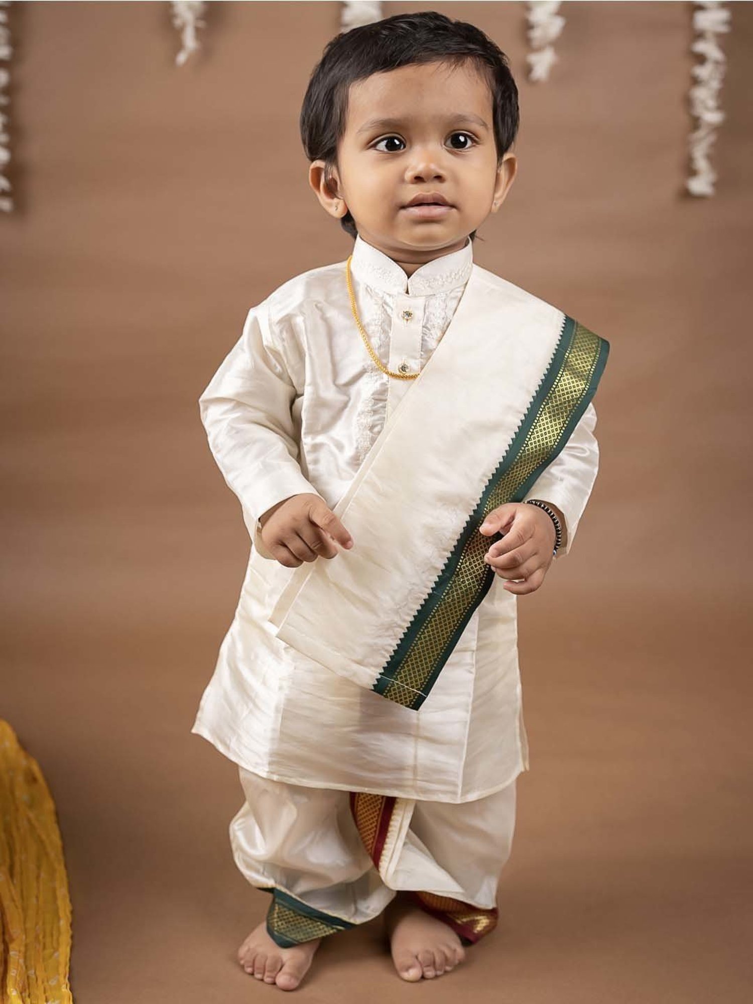 Baby Moo Kids Cream & Green Regular Fit Full Sleeves Kurta Set