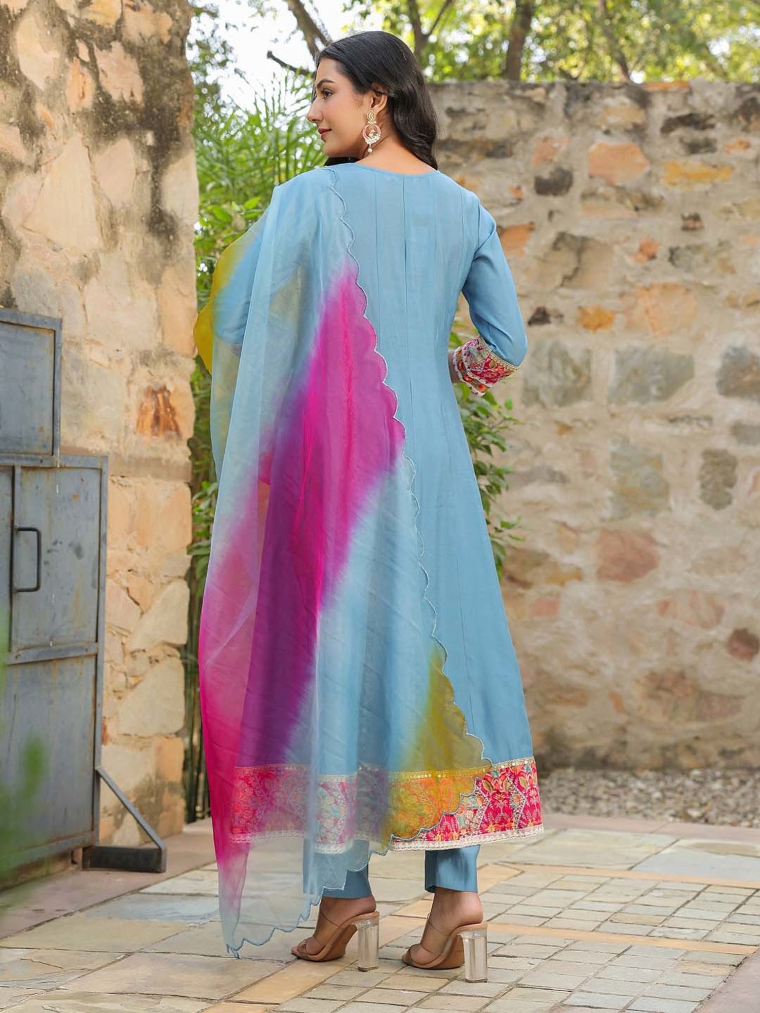 Rain and Rainbow Greyish Blue Embroidered Kurta With Pant & Dupatta