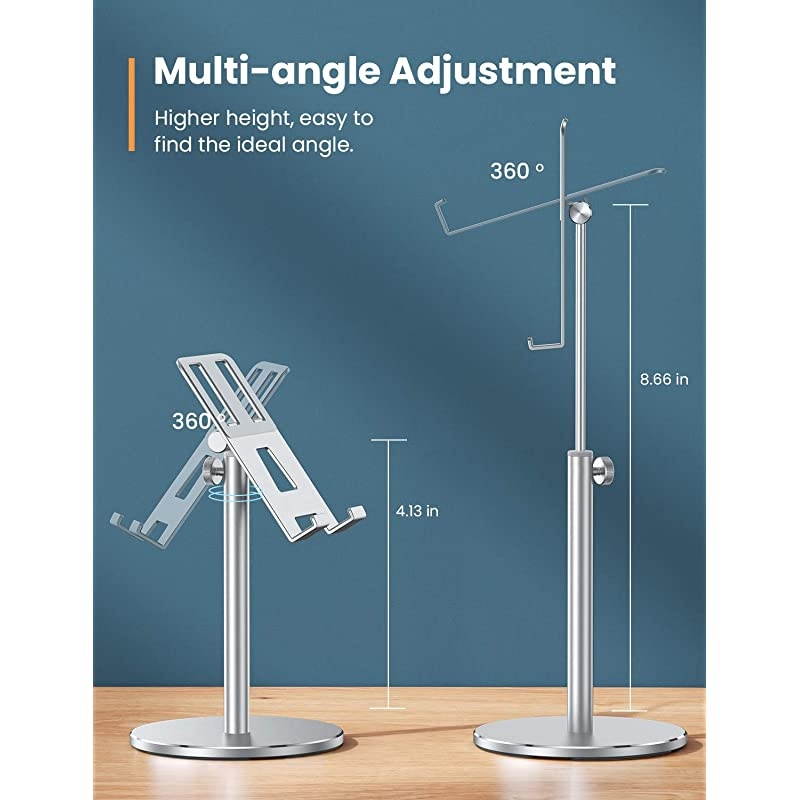 Tablet Stand, Upgraded Stable iPad Stand Holder All Aluminum Alloy, Angle Height Adjustable iPad Holder for Desk Case Friendly for 4.7"-12.9" Phones/iPad/Tablets/Switchs/Kindles/E-Reader-Silver