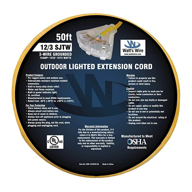 50ft 123 Heavy Duty 3Outlet Lighted SJTW IndoorOutdoor Extension Cord by Yellow 50 12Gauge Grounded 15Amp ThreeProng PowerCord 50 foot 12Awg