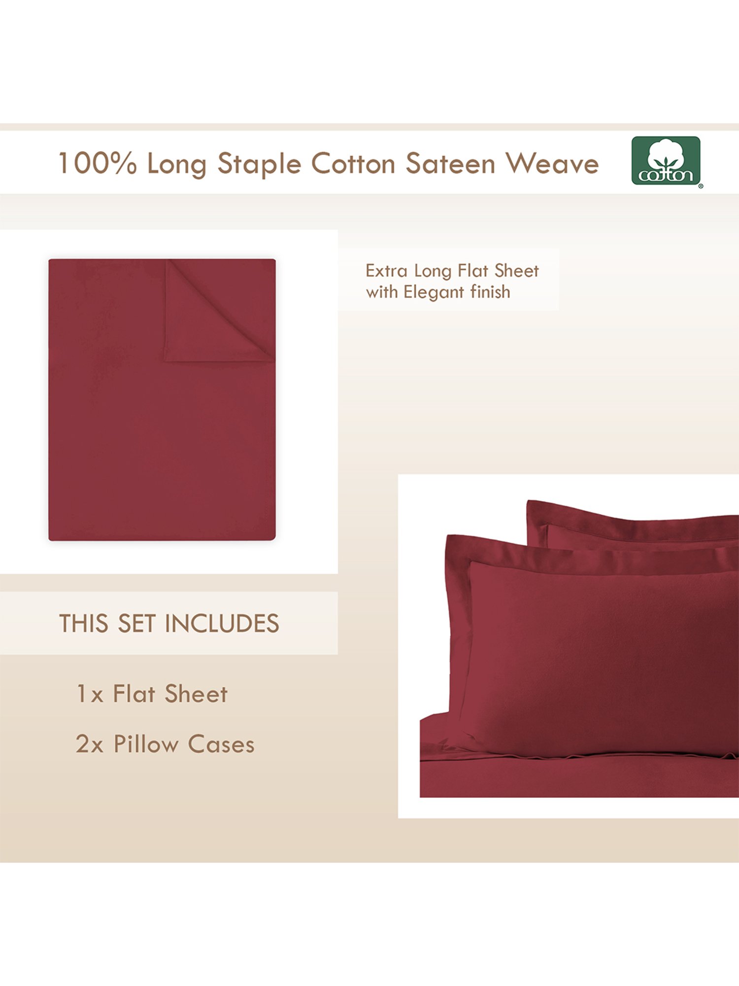 Pizuna Red 400TC Cotton Flat Bed Sheet with 2 Pillow Covers