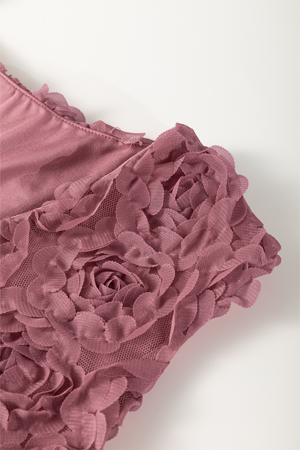 Rose Red Rhinestone Mesh Long Sleeve Bodysuit