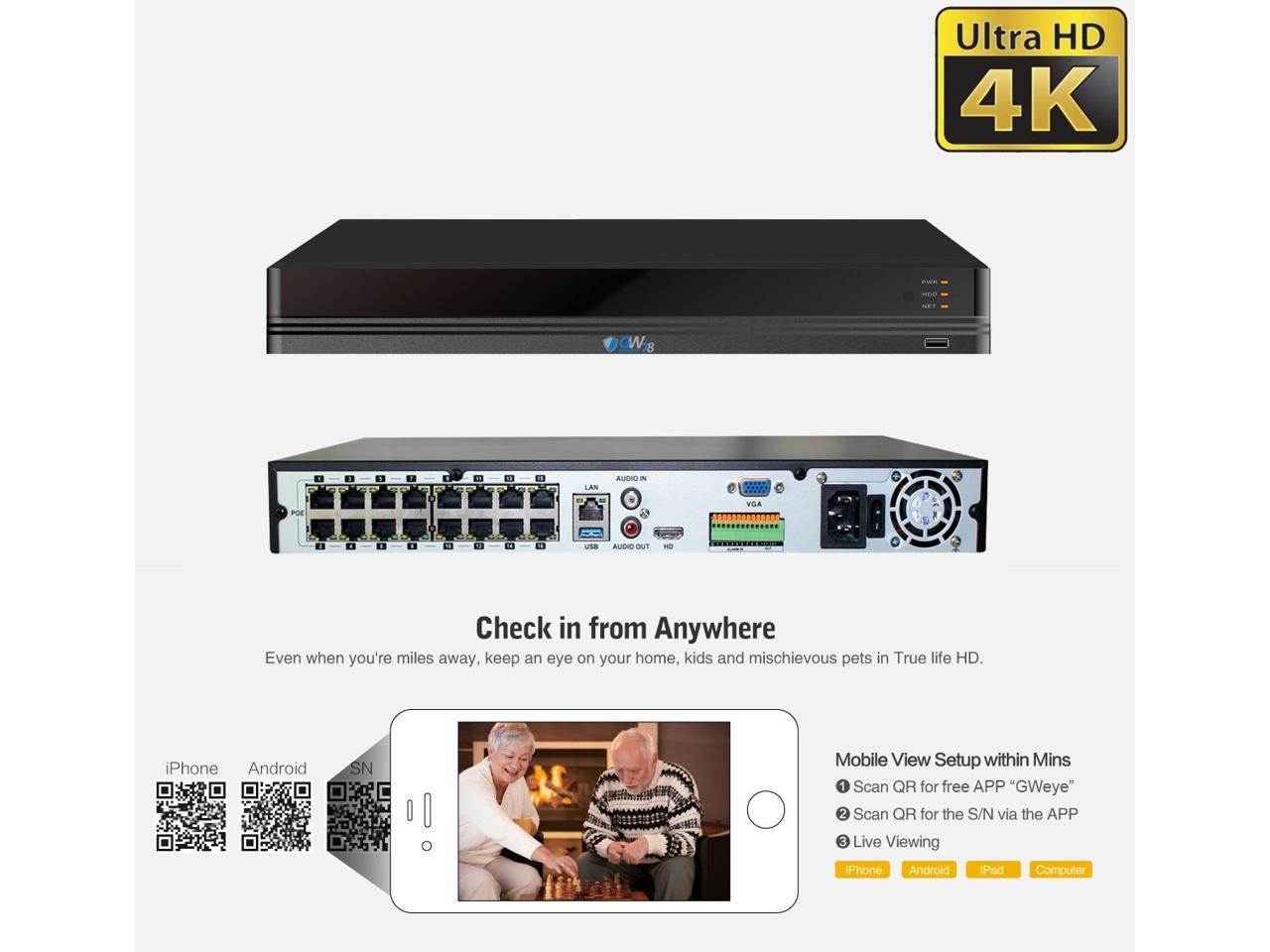 GW Security 8 Channel 4K 8MP (3840&times;2160) H.265+ IP PoE AI Smart NVR Security Camera System with 4 x Outdoor/Indoor 4K Microphone Dome Security Cameras, Human Detection, Starlight Color Night Vision