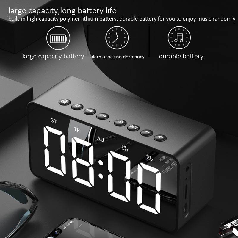 Wireless bluetooth speaker, bluetooth 5.0 speaker with mirrored LED alarm clock and built-in microphone voice, for Android and IOS smart phones,Black
