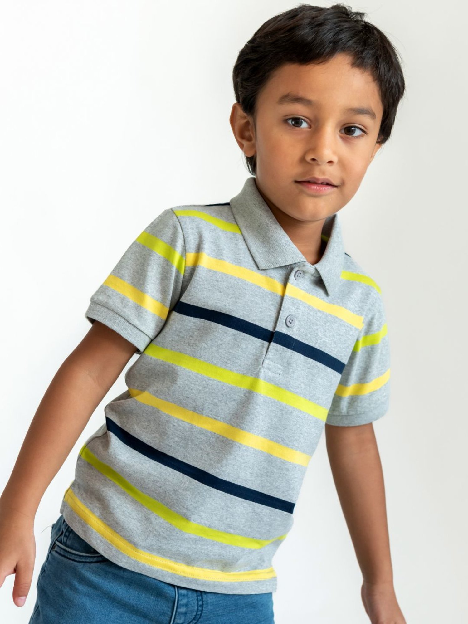Campana Kids Grey & Yellow Cotton Striped Polo T-Shirt