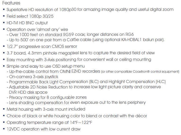 KT&C HD-TVI 2MP 1080p Bullet CCTV Camera 4.3mm Pinhole Mini Camera Supports UTC