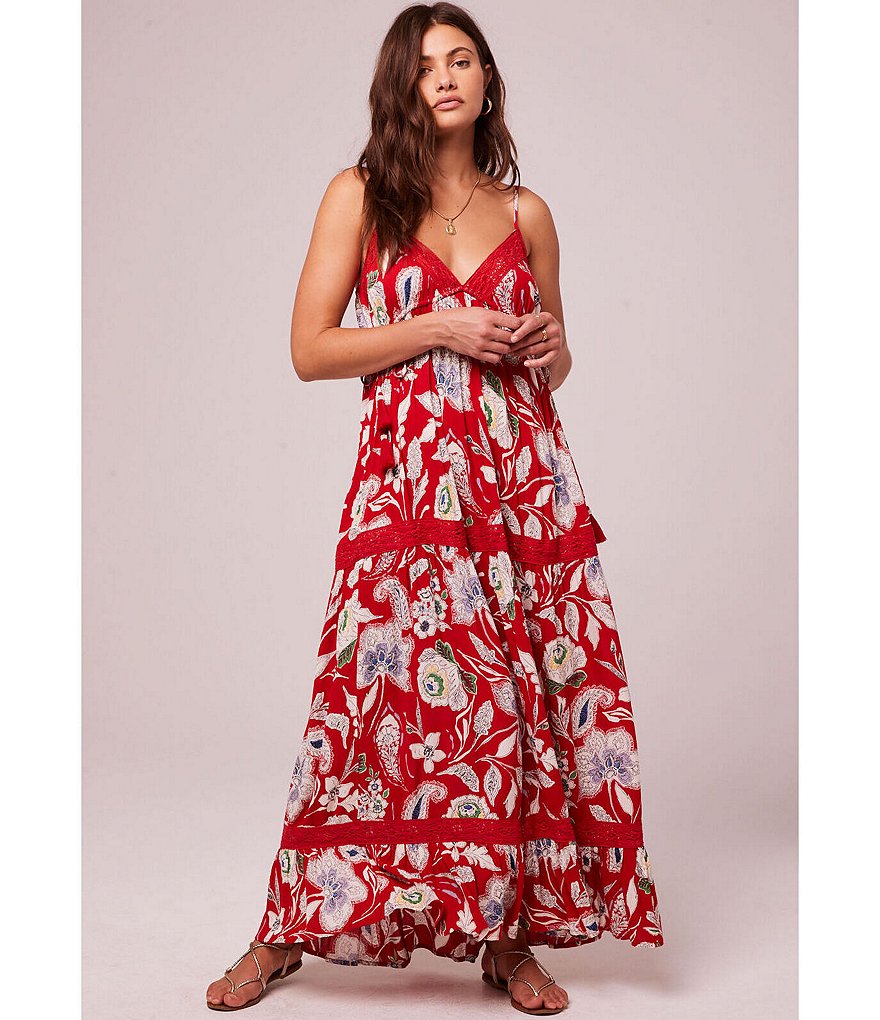 B.O.G. Collective Gisal Floral Print Lace Trim V-Neck Sleeveless Tiered Maxi dress