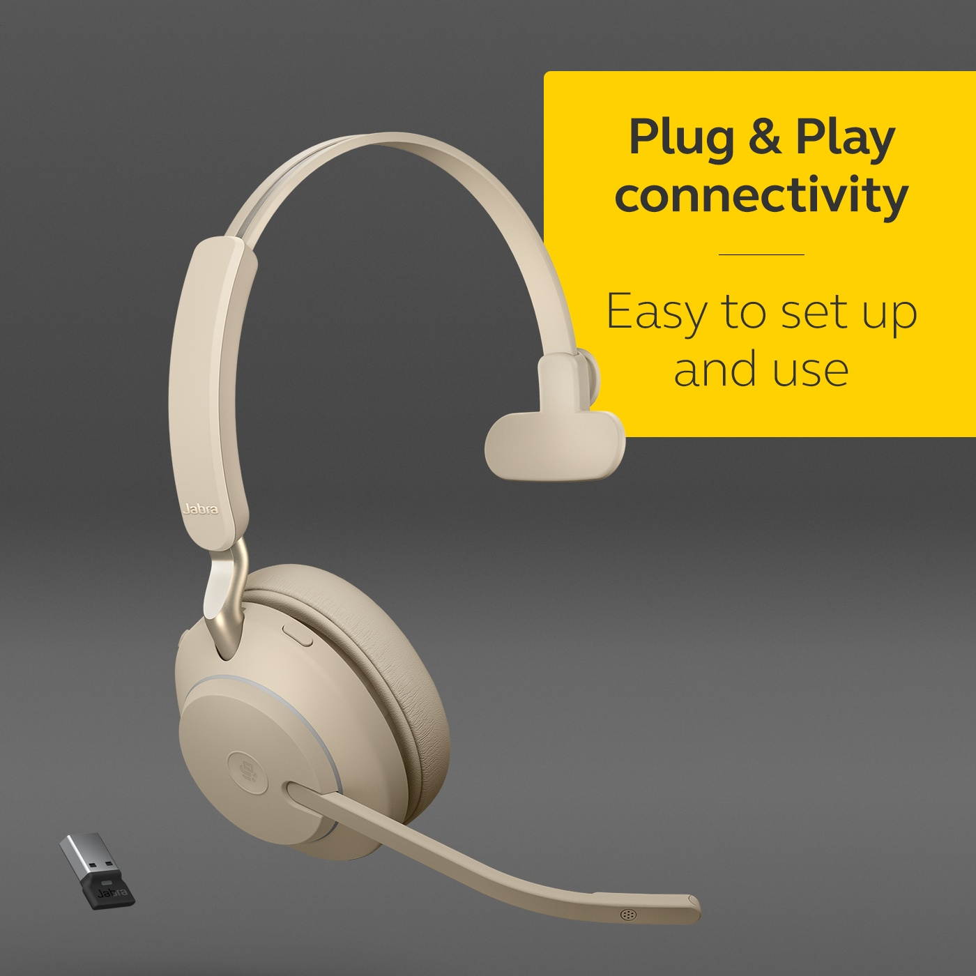 Jabra Evolve2 65 USB-A MS Mono with Charging Stand - Beige Wireless Headset / Music Headphones