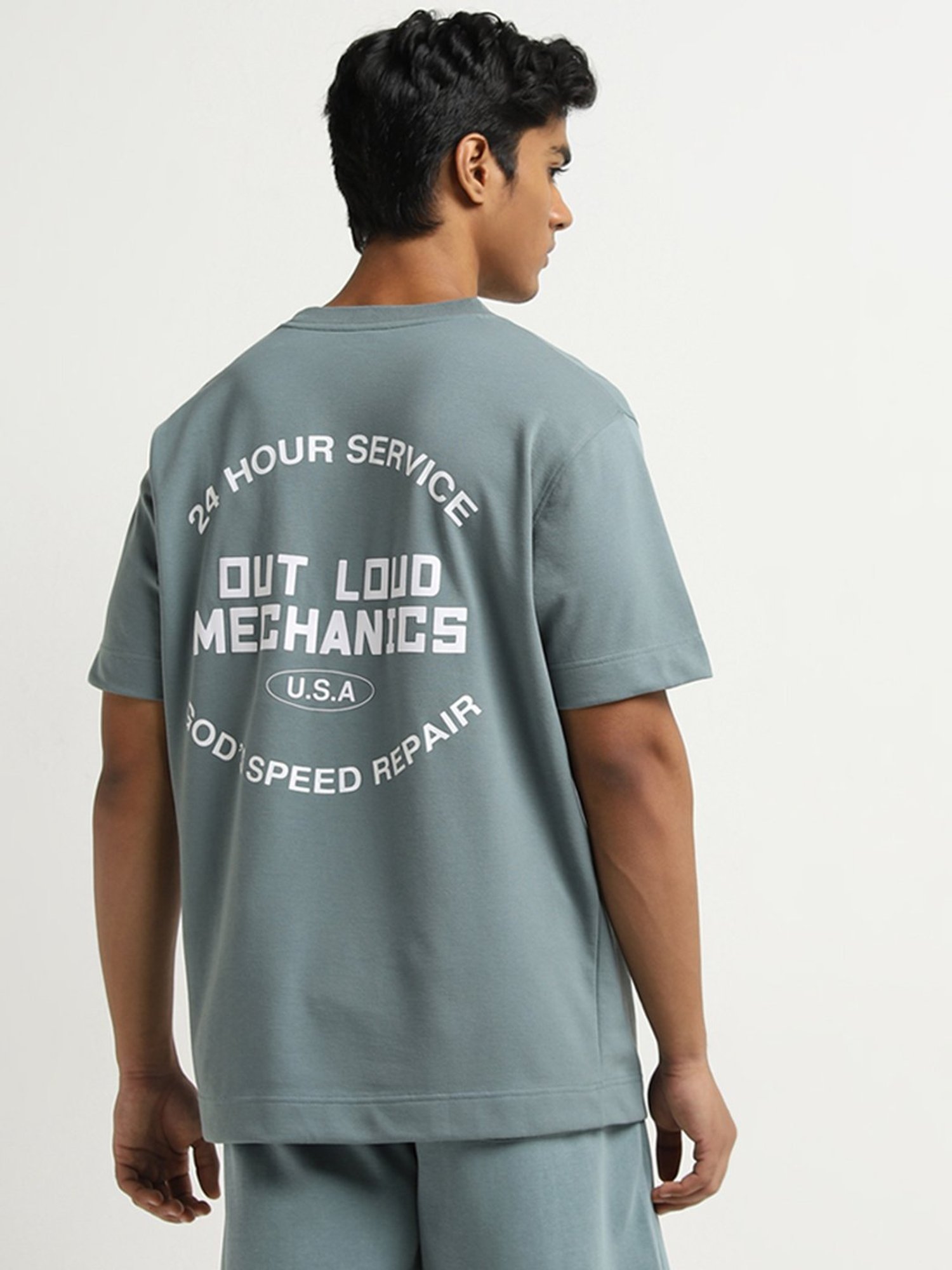 Studiofit by Westside Light Teal Text Design Relaxed-Fit T-Shirt