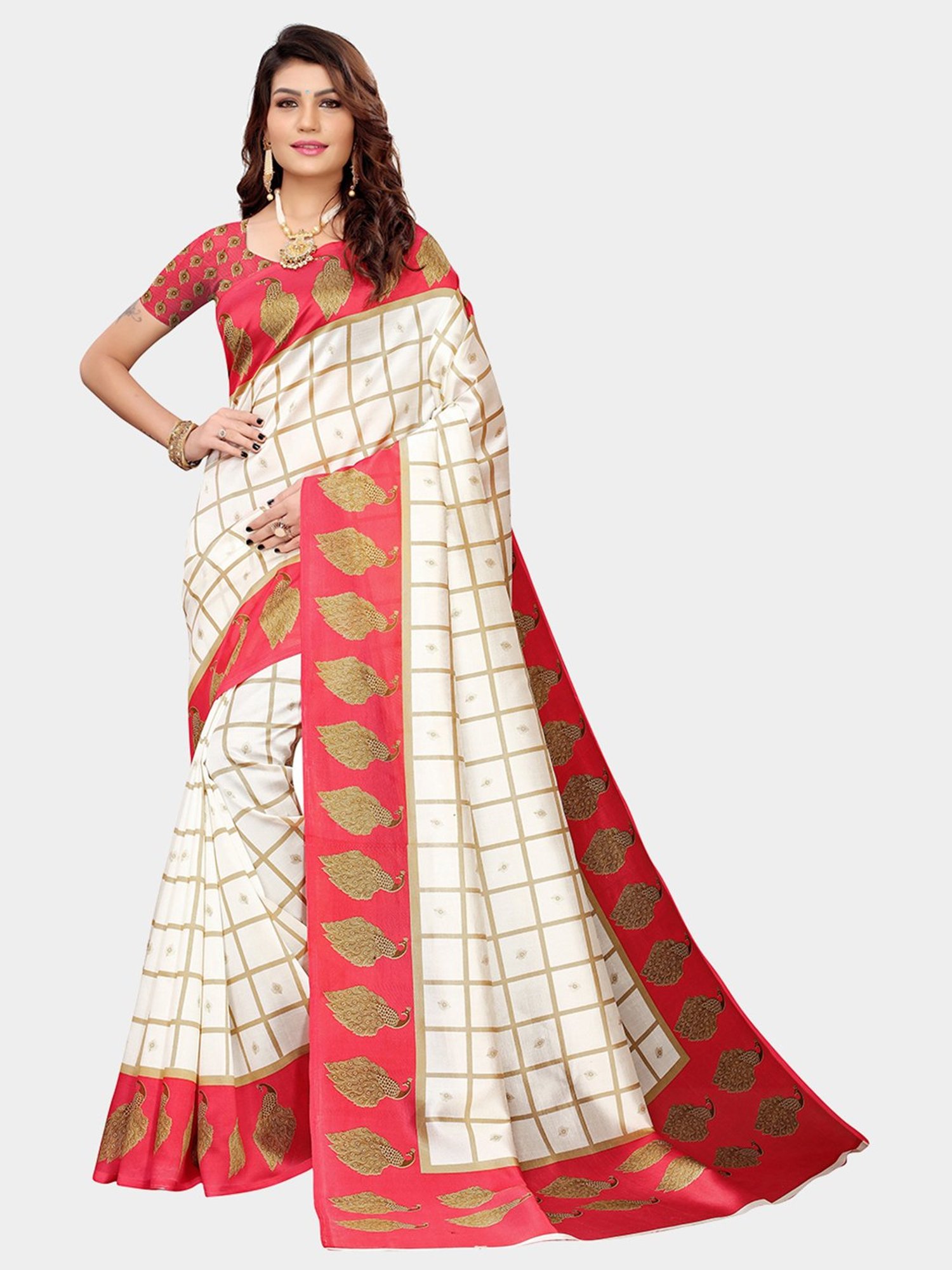 KSUT Red & Beige Check Saree With Blouse
