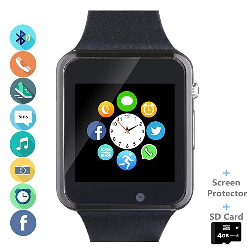 Smart Watch Smartwatch Phone with SD Card Pedometer Call Text Notification SIM Card Slot Music Player Camera Compatible for Android Samsung Huawei and iPhone Partial Functions for Men Women