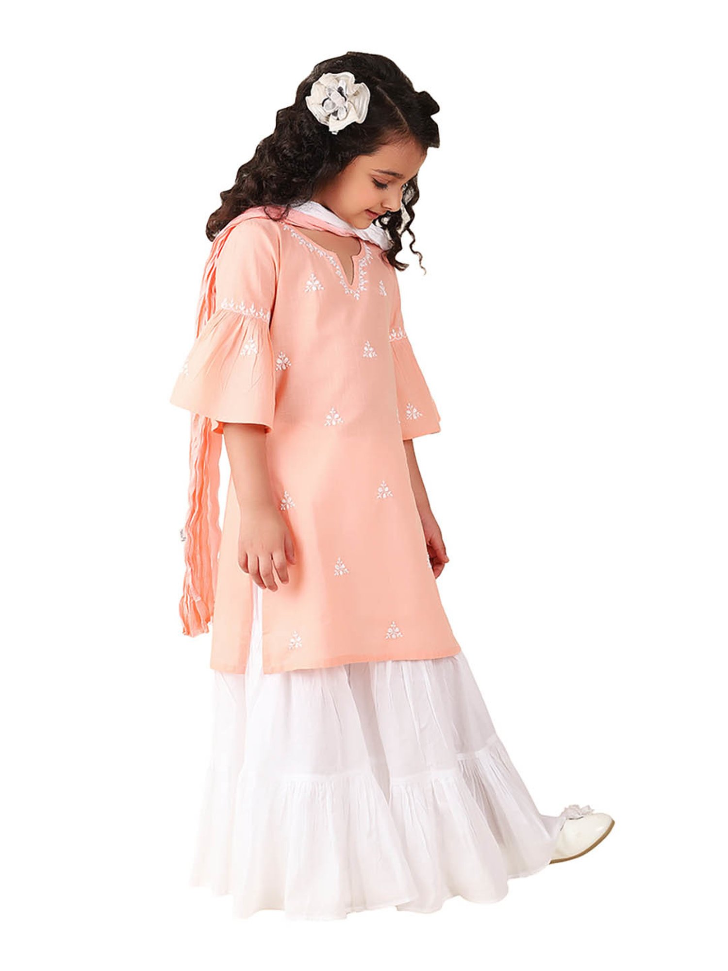 Fabindia Kids Peach & White Embroidered Kurta, Sharara with Dupatta