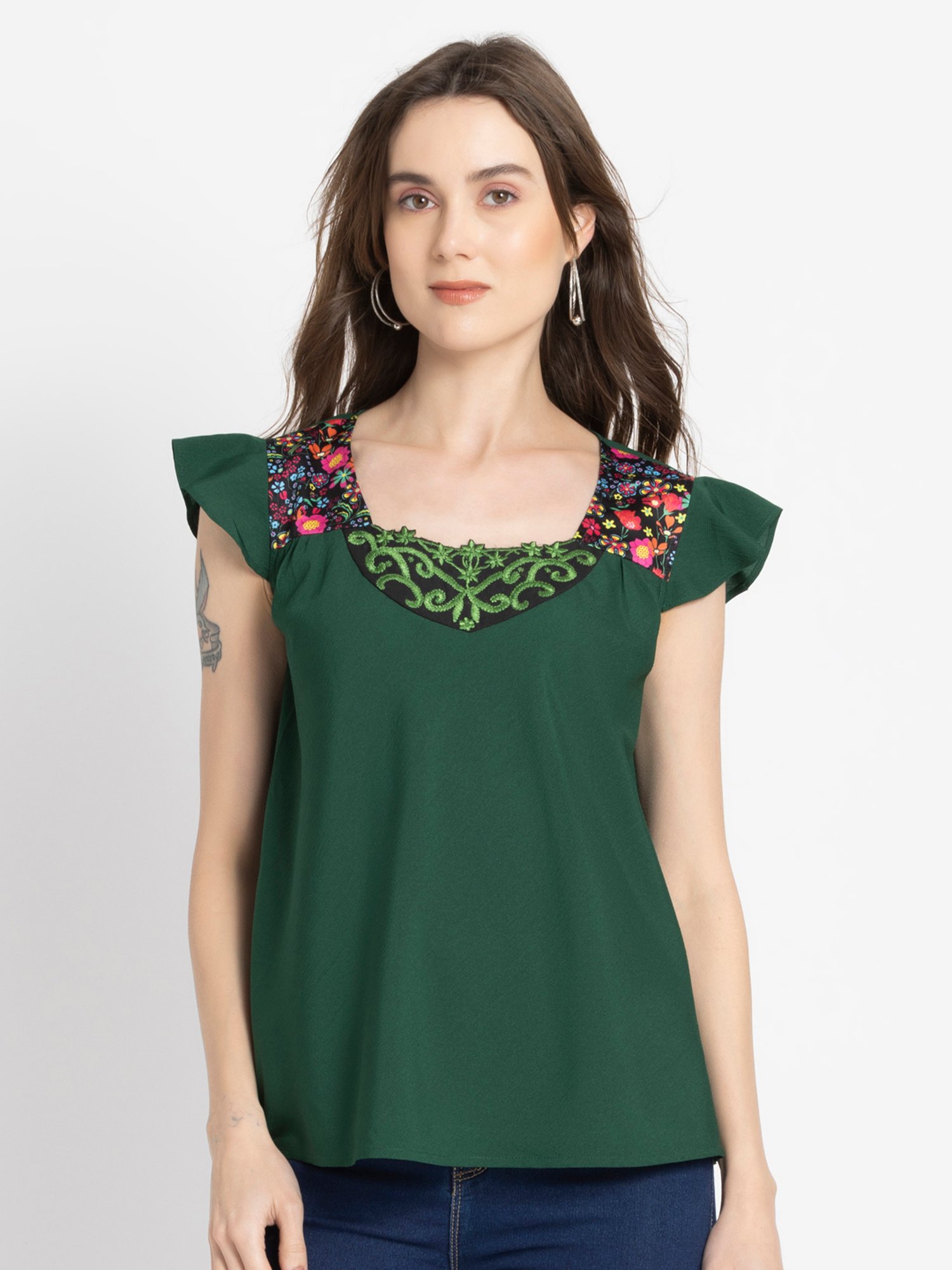 SHAYE Green Embroidered Top