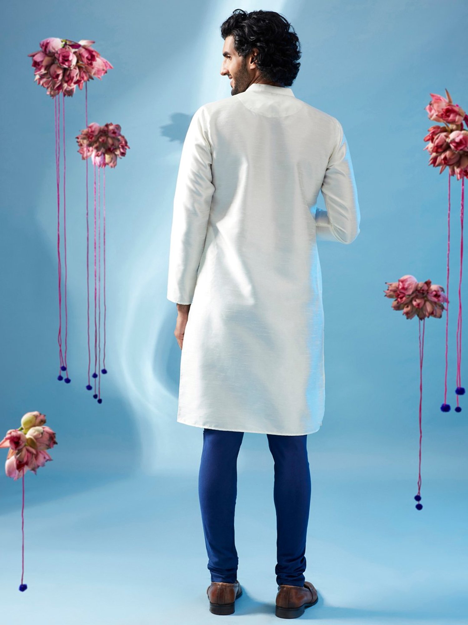 KISAH White & Blue Regular Fit Embroidered Kurta & Churidar Set