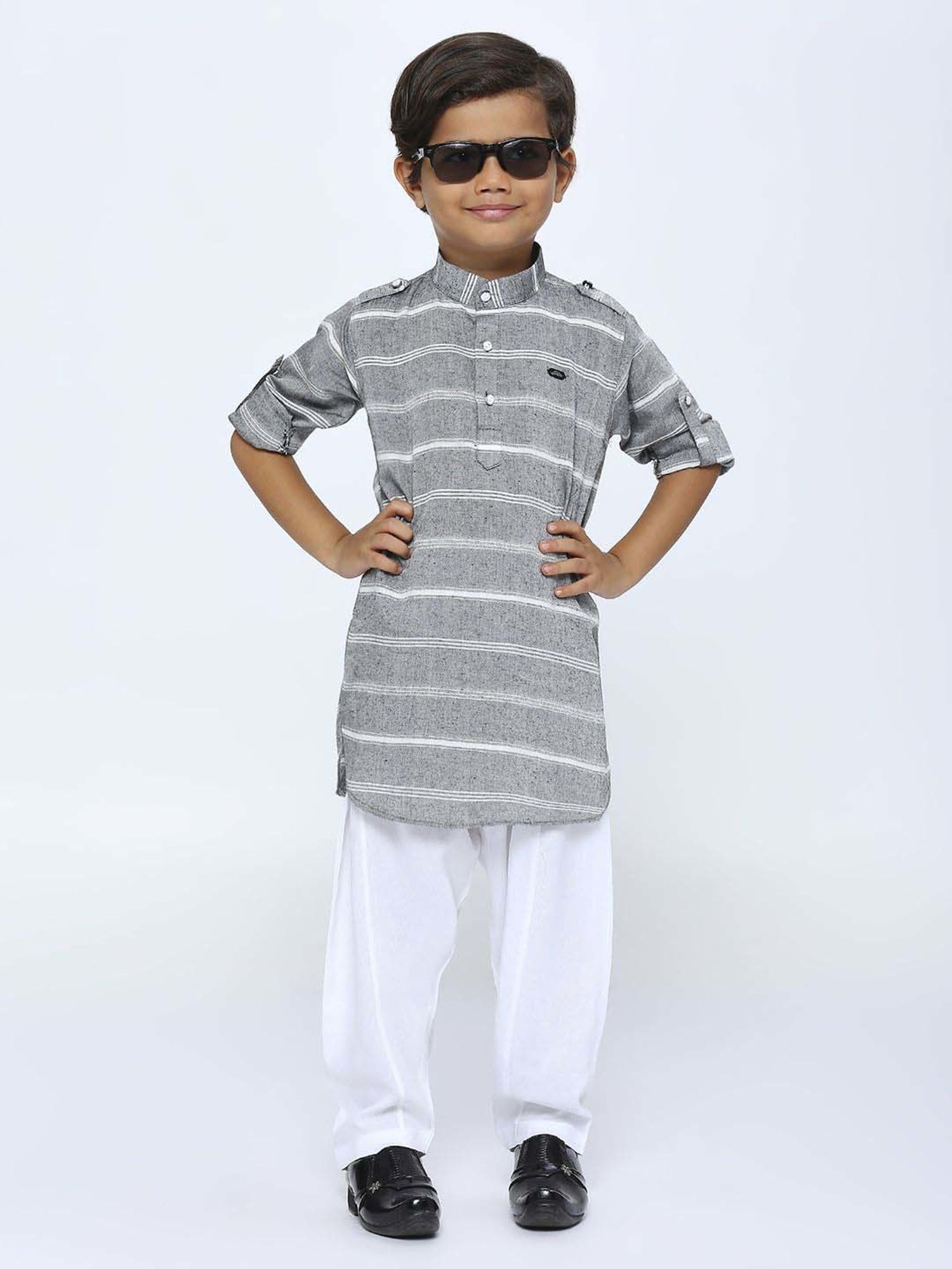 Kids Island Boys Grey & White Striped Full Sleeves Kurta Set