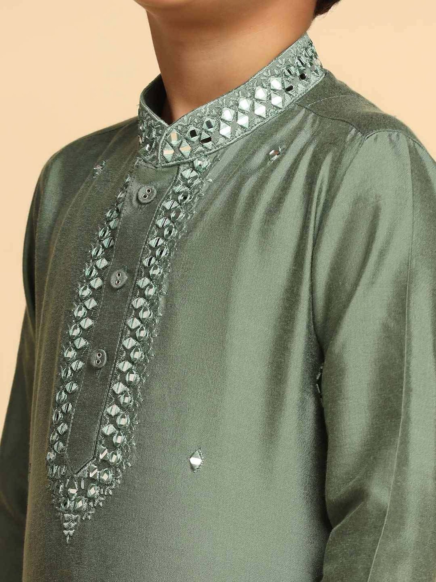KISAH Kids Green Cotton Embroidered Full Sleeves Kurta