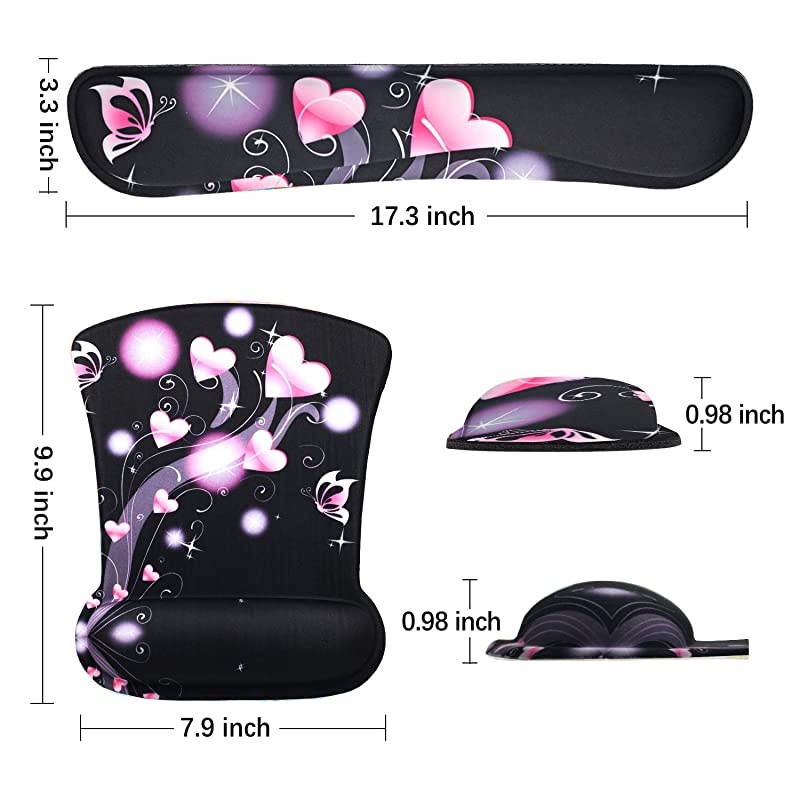 Keyboard Wrist Rest Pad Ergonomic Mouse Pad Set  Cute Mouse Pad for Computer Laptop Non Slip Mousepad Keyboard Wrist Support with Raised Memory Foam for Easy Typing Pain Relief Pink Hearts