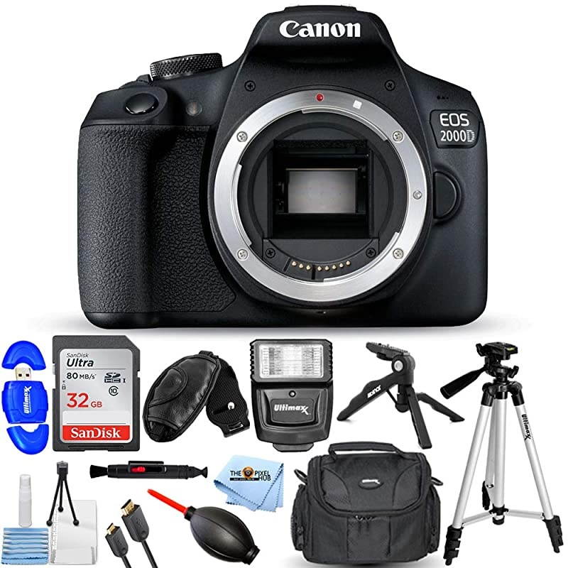 EOS 2000D/Rebel T7 DSLR Camera (Body Only) Pro Bundle with 32GB SD, Flash, Tripods, Gadget Bag, HDMI Cable and More [International Version]