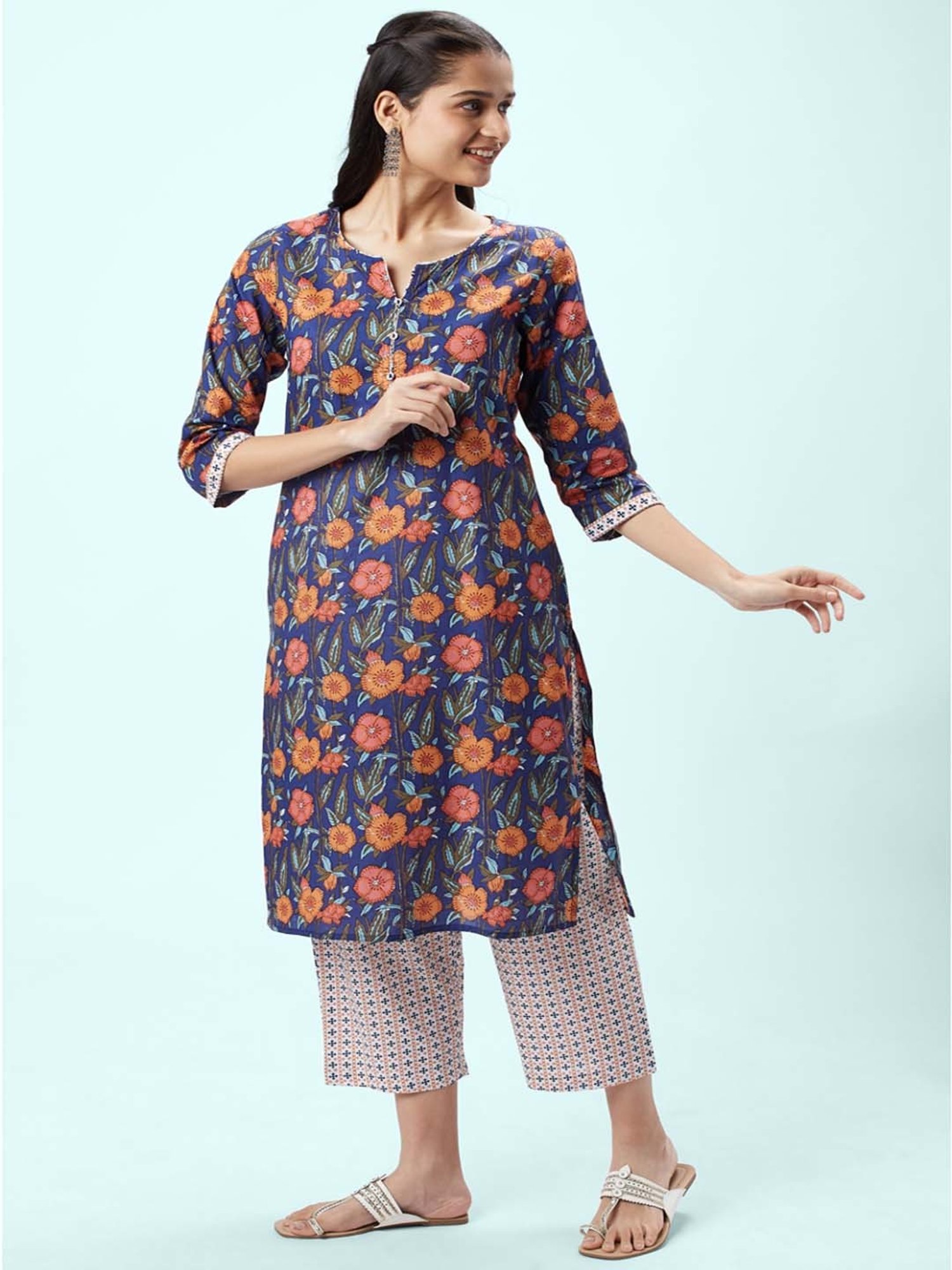 Rangmanch by Pantaloons Blue Cotton Floral Print Kurta Palazzo Set