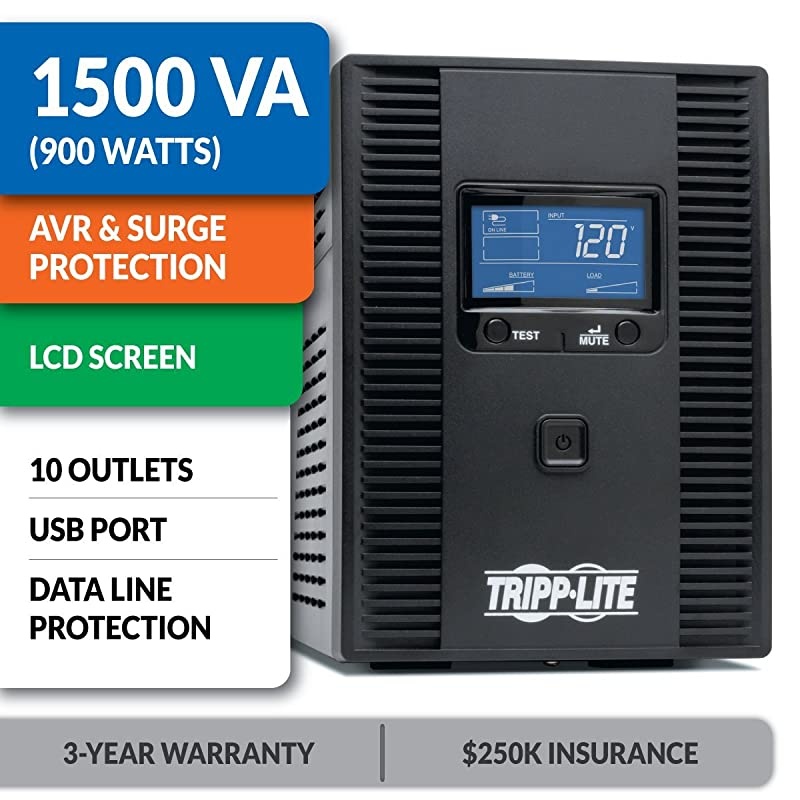 SMART1500LCDT 1500VA 900W UPS Battery Back Up, AVR, LCD Display, Line-Interactive, 10 Outlets, 120V, USB, Tel & Coax Protection, 3 Year Warranty & Dollar 250,000 Insurance Black