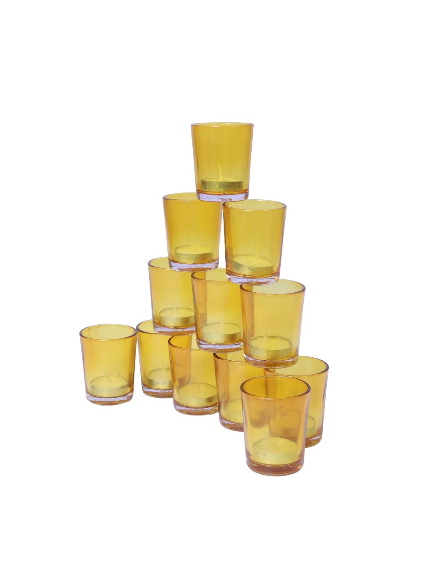 HOSLEY Yellow Glass Votive Tealight Candle Holder with Tealights - Set of 12
