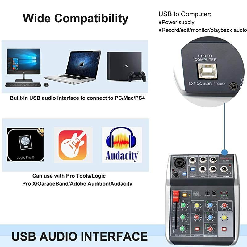 USB Audio Interface Mixer 4Channel 3Band EQ Echo Effects Audio Mixer with Interface to PC for Music Recording Ideal for Live Streaming Recording PTX10