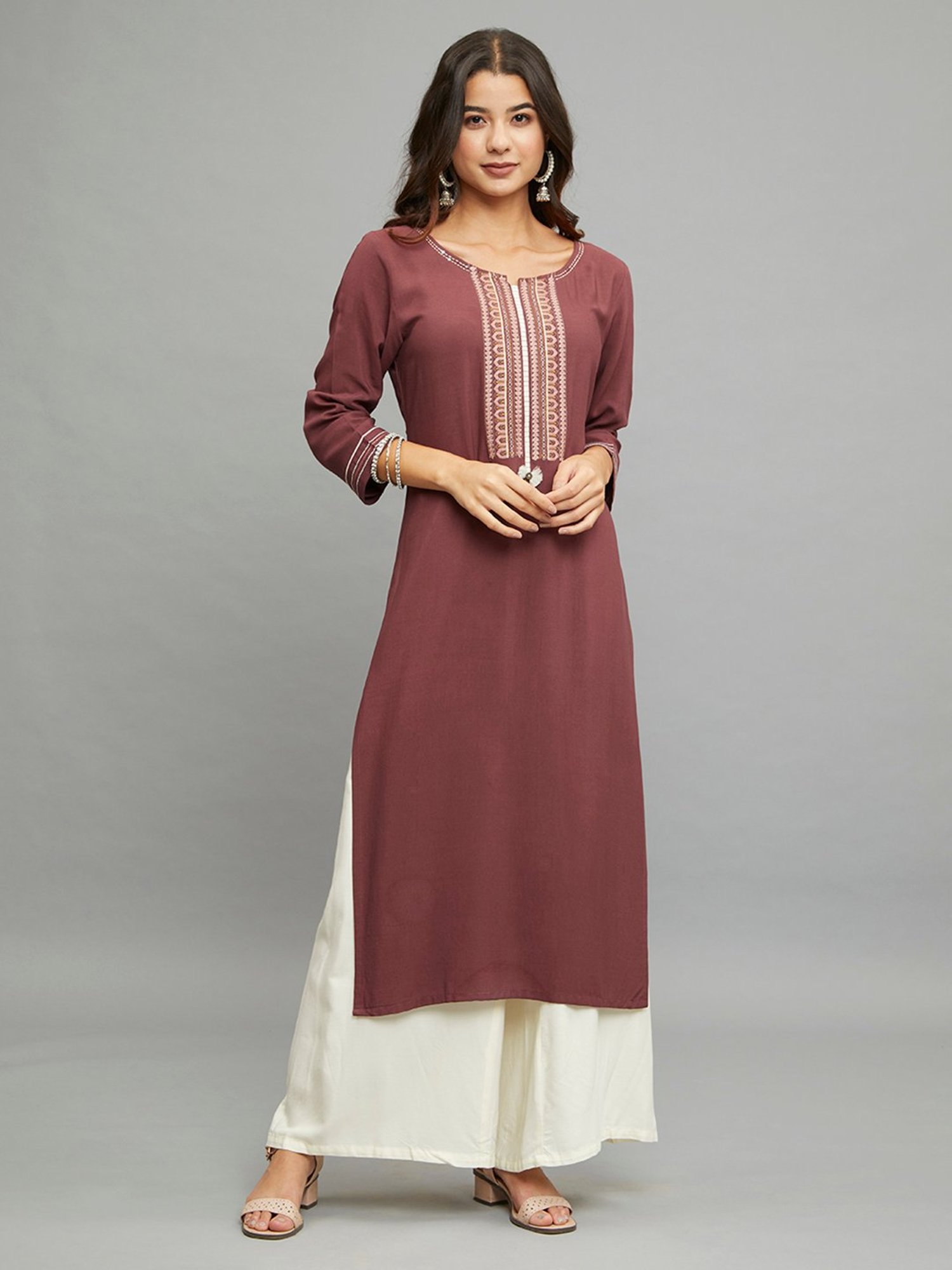 paislei Light Brown Embroidered A Line Kurta