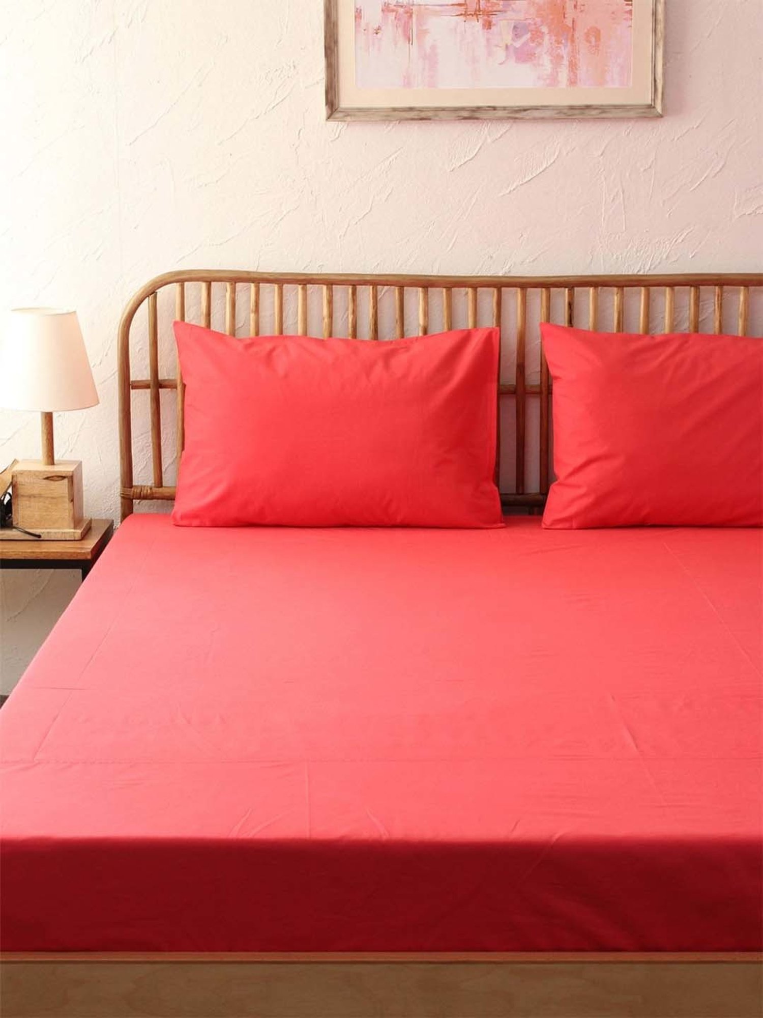 House This Sappan Solid Red Cotton Double Bed Sheet with 2 Pillow Covers