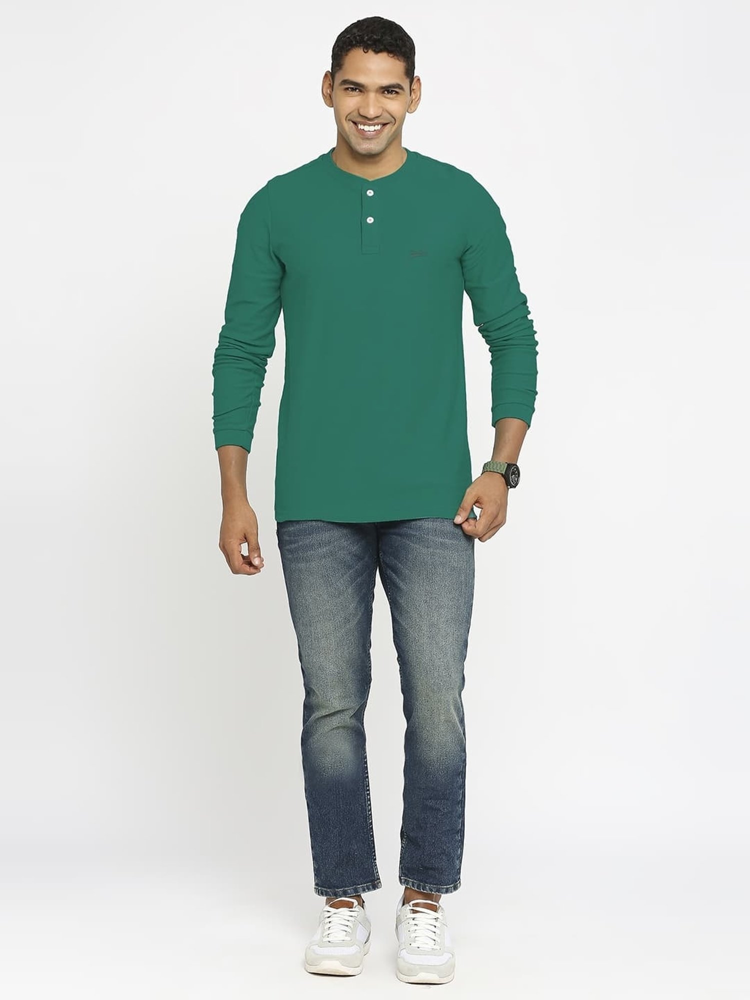 Basics Green Cotton Muscle Fit Henley T-Shirt