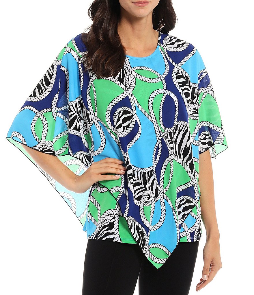 Slim Factor by Investments Zebra Rope Print Round Neck Handkerchief Overlay Poncho Top