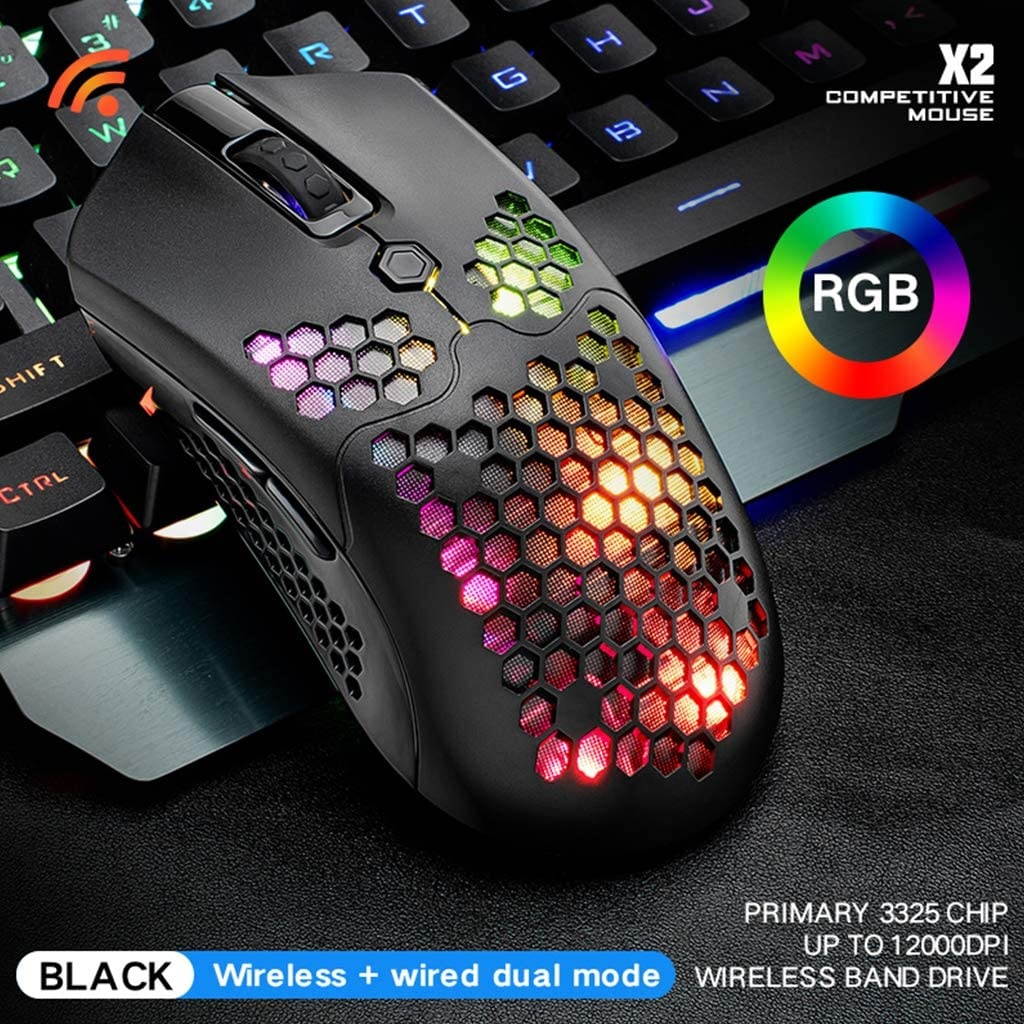 Ajiestour X2 12000DPI Dual Mode Gaming Mouse 7 Keys Hollow Out Design Wireless Mouse with RGB Light Effect for Laptop PC Computer