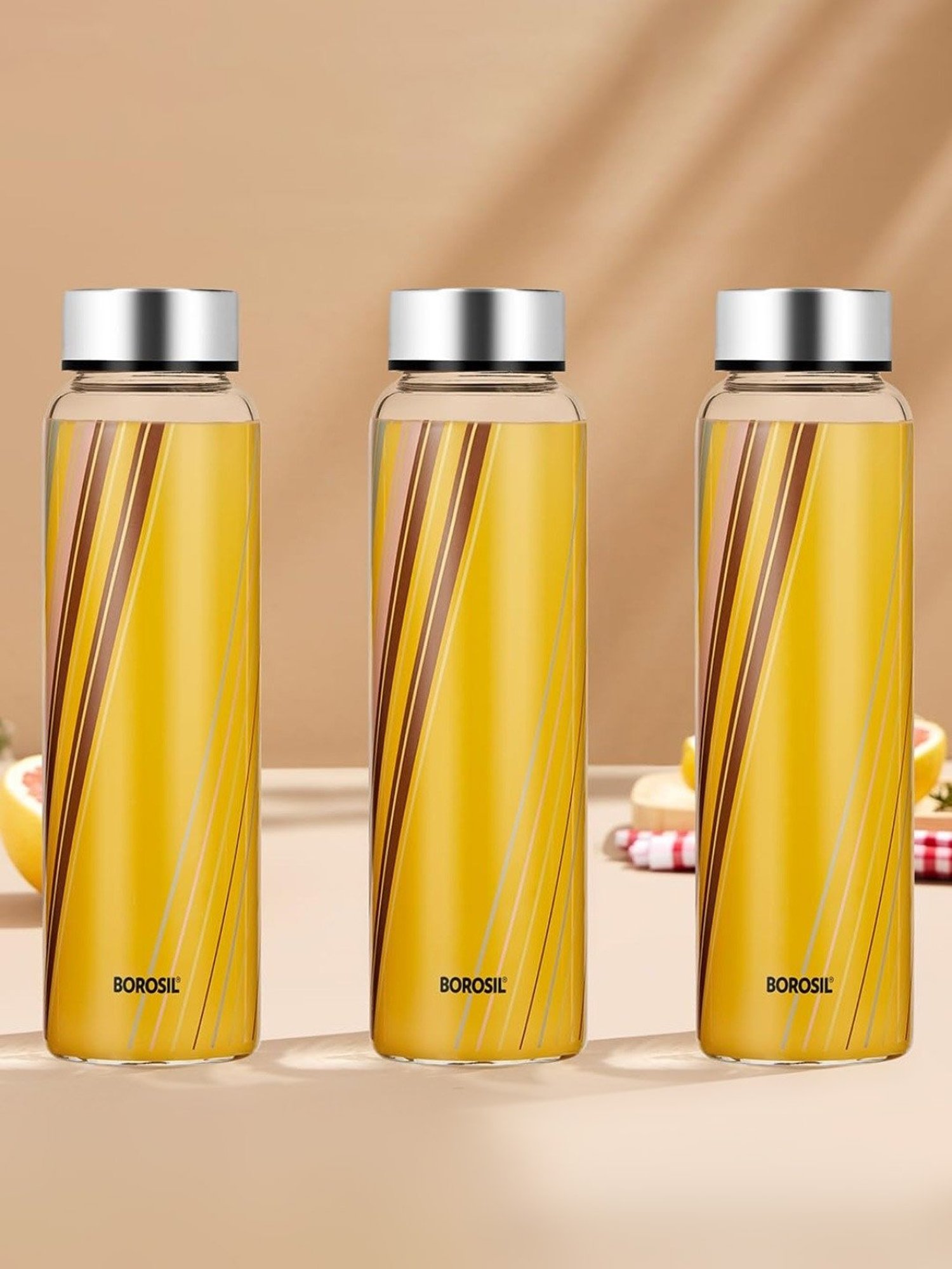 Borosil Water Bottle with Fridge Safe & Leakproof Set of 3 (Transparent, 1000 ml)