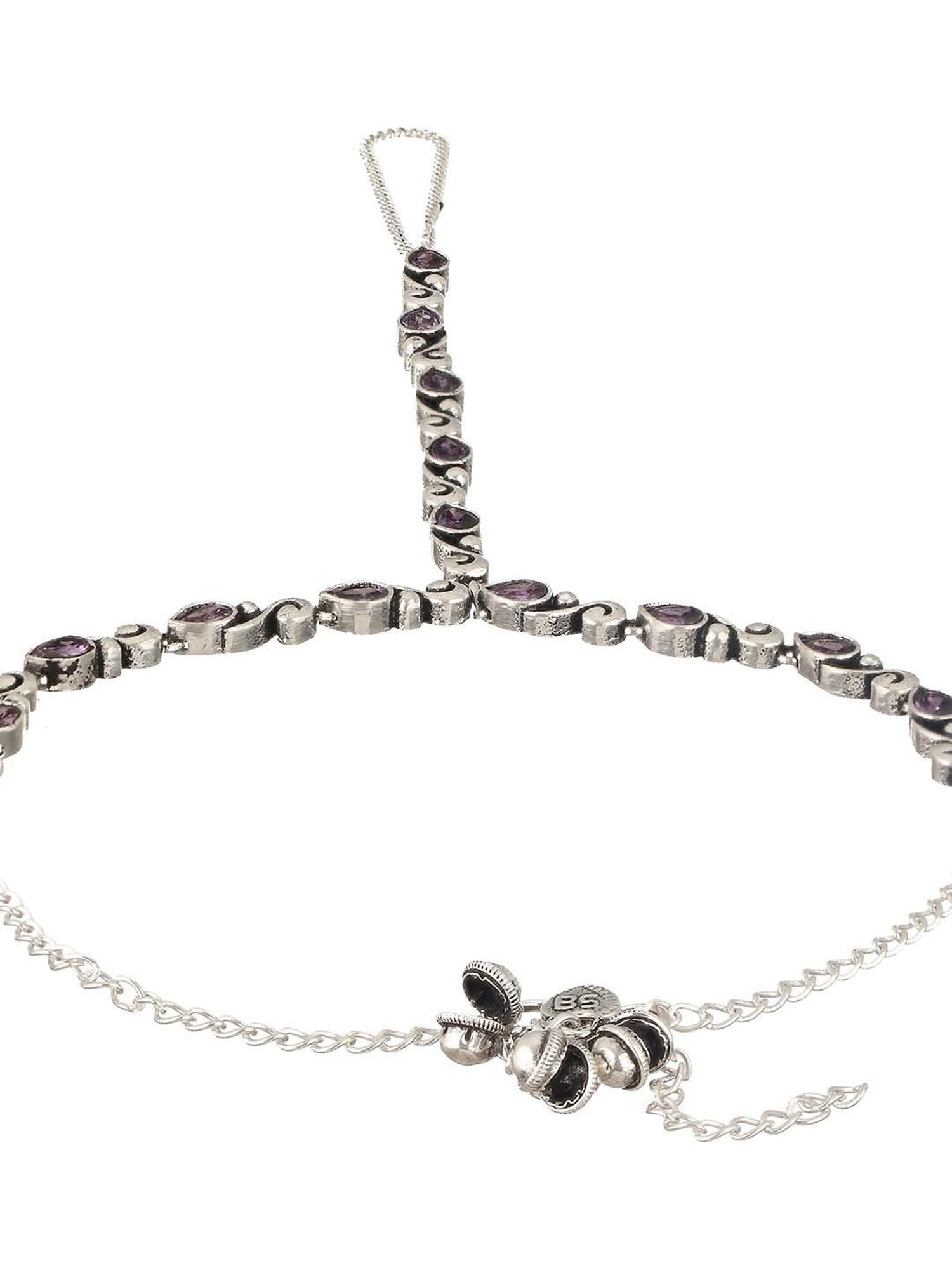 Saraf RS Jewellery Silver Oxidized Stone Studded Foot Harnass Payal/Anklets - Set of 2