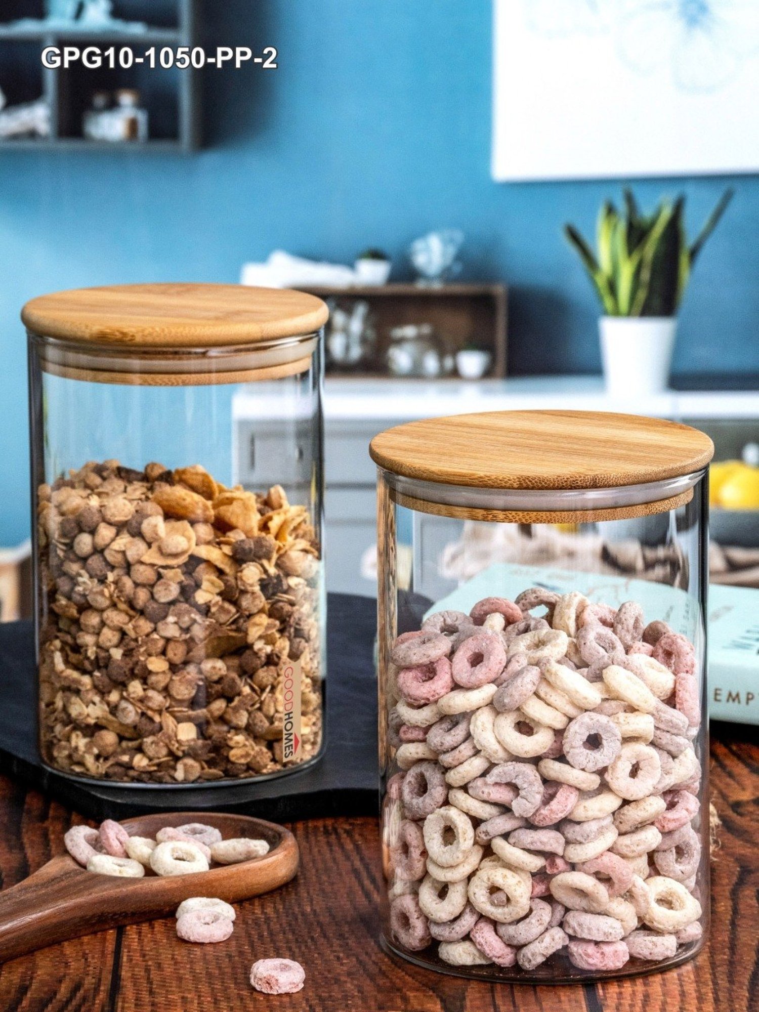 Goodhomes Transparent Glass Storage Jar with Wooden Lid - Set of 2