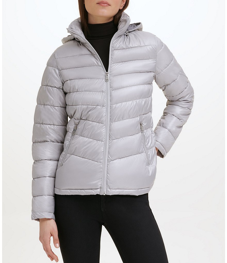 Kenneth Cole New York Water-Resistant Stand Collar Detachable Packable Hood Long Sleeve Quilted Jacket