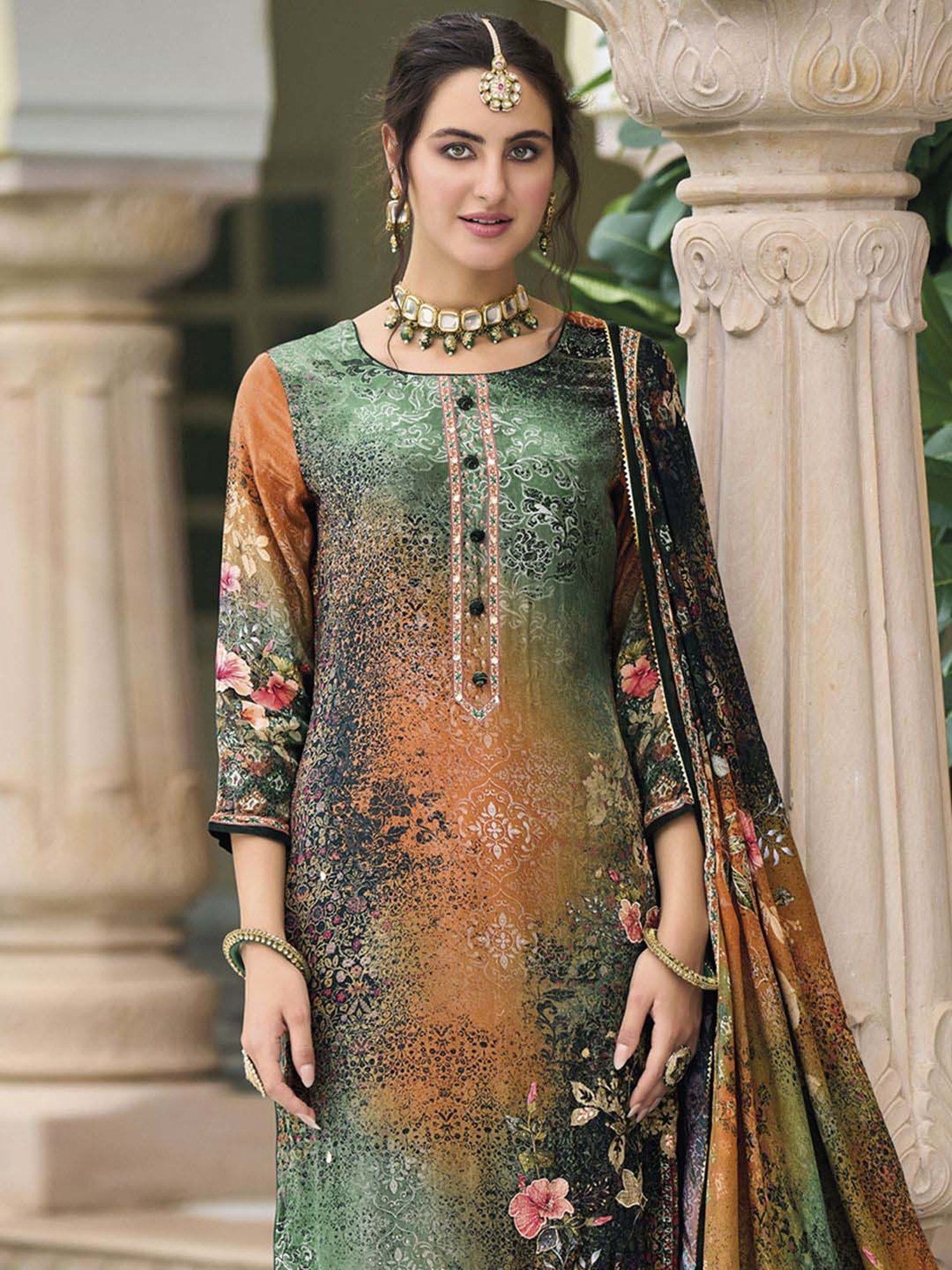 Stylee LIFESTYLE Green Printed Unstitched Dress Material