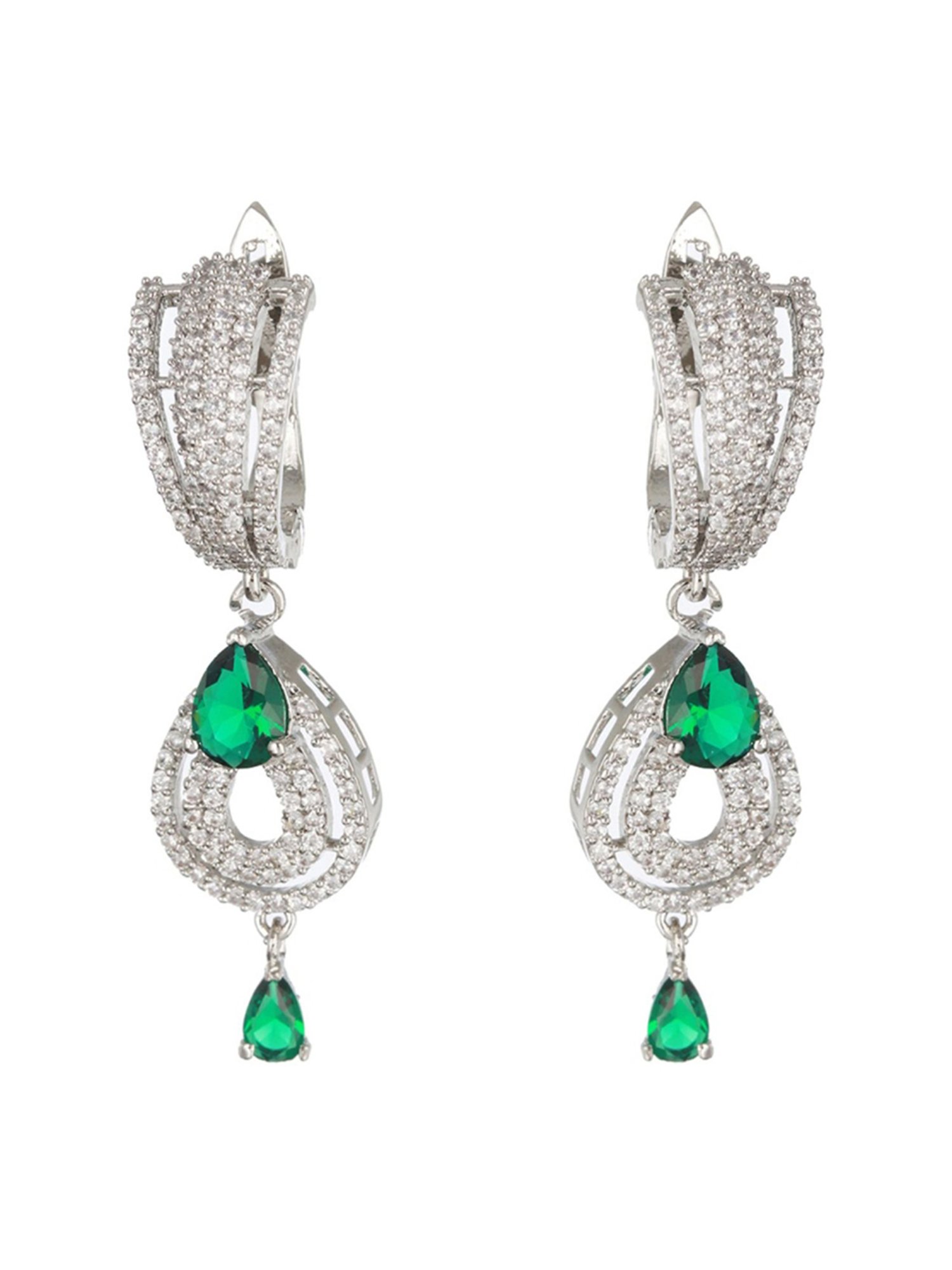 Aatmana Green & White Rhodium-Plated AD Studded Teardrop Earrings for Women