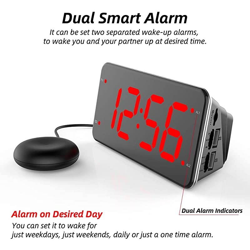 Loud Alarm Clock with Bed Shaker, Vibrating Alarm Clock for Heavy Sleepers, Deaf and Hard of Hearing, Dual Alarm Clock with USB Charger, 7-Inch Display, Full Range Dimmer, Battery Backup - Red