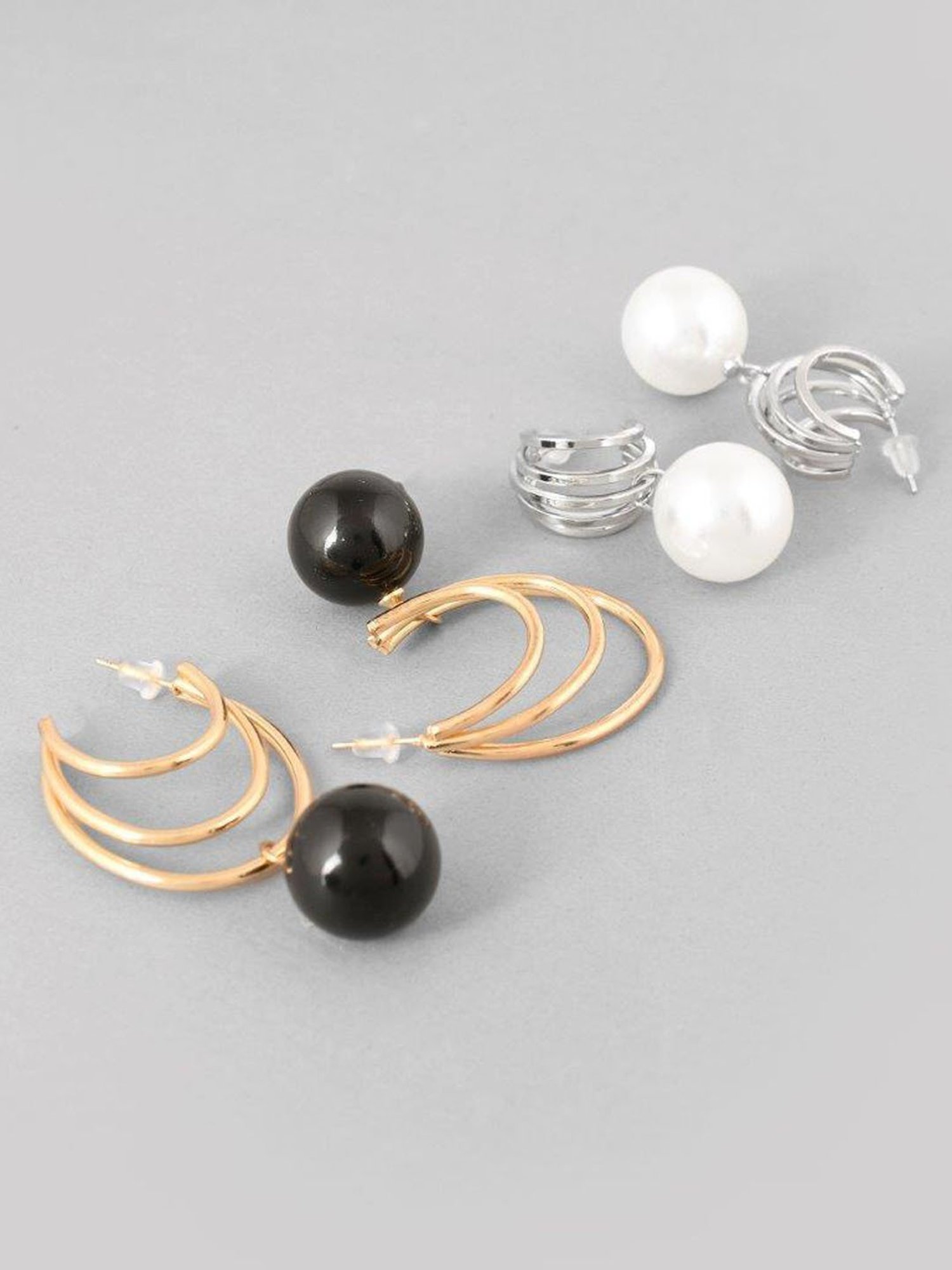 VOJ Set of 2 Korean Drop Gold Plated Black Pearl and Silver Plated White Pearl Earrings for Women