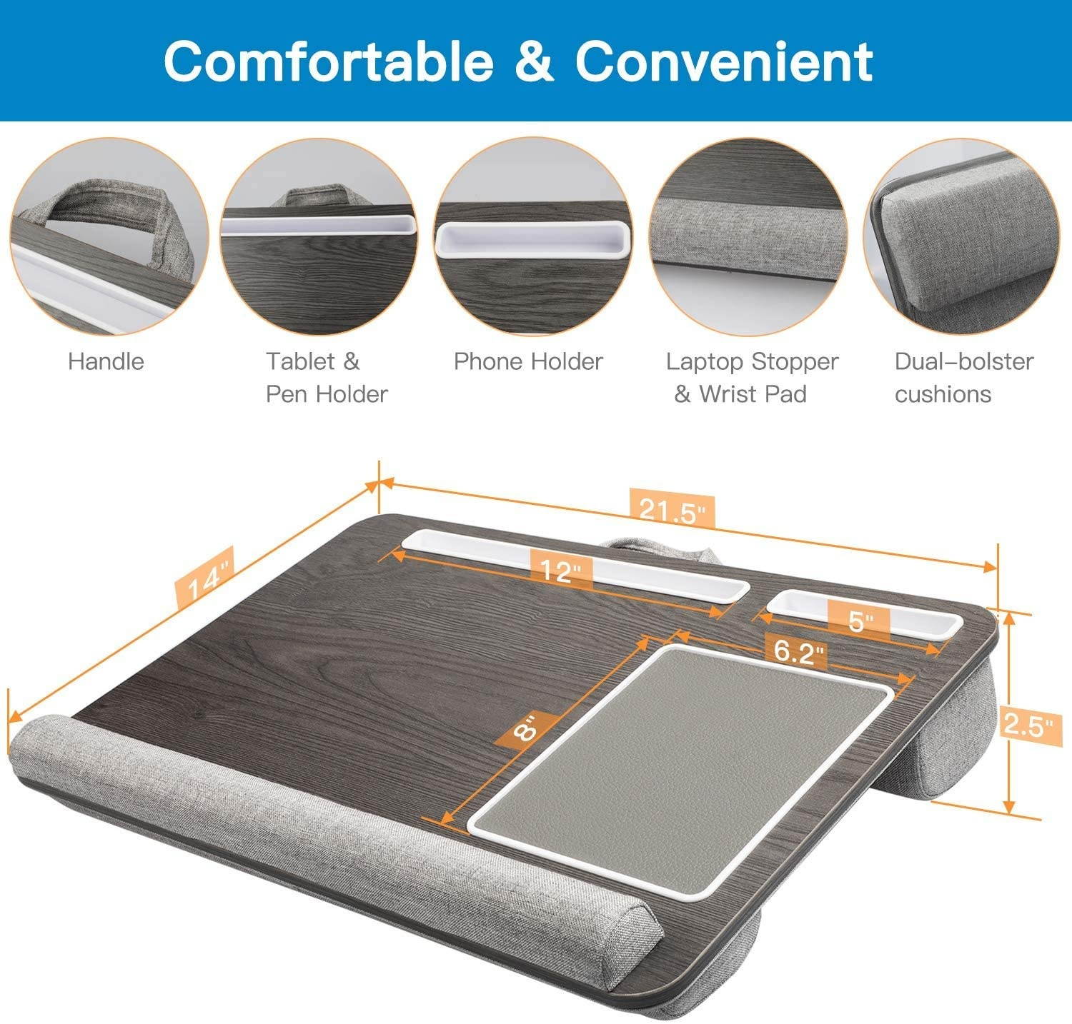 HUANUO Lap Desk - Fits up to 17 inches Laptop Desk, Built in Wrist Pad for Notebook, MacBook, Tablet, Laptop Stand with Tablet, Pen & Phone Holder (Black Woodgrain, Big)