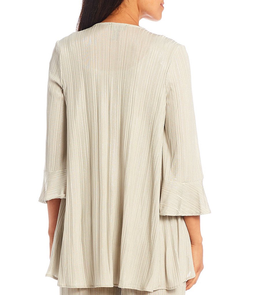 R & M Richards Pleated Foil Knit Flyaway 3/4 Sleeve Scoop Neck Jacket 3-Piece Pantsuit