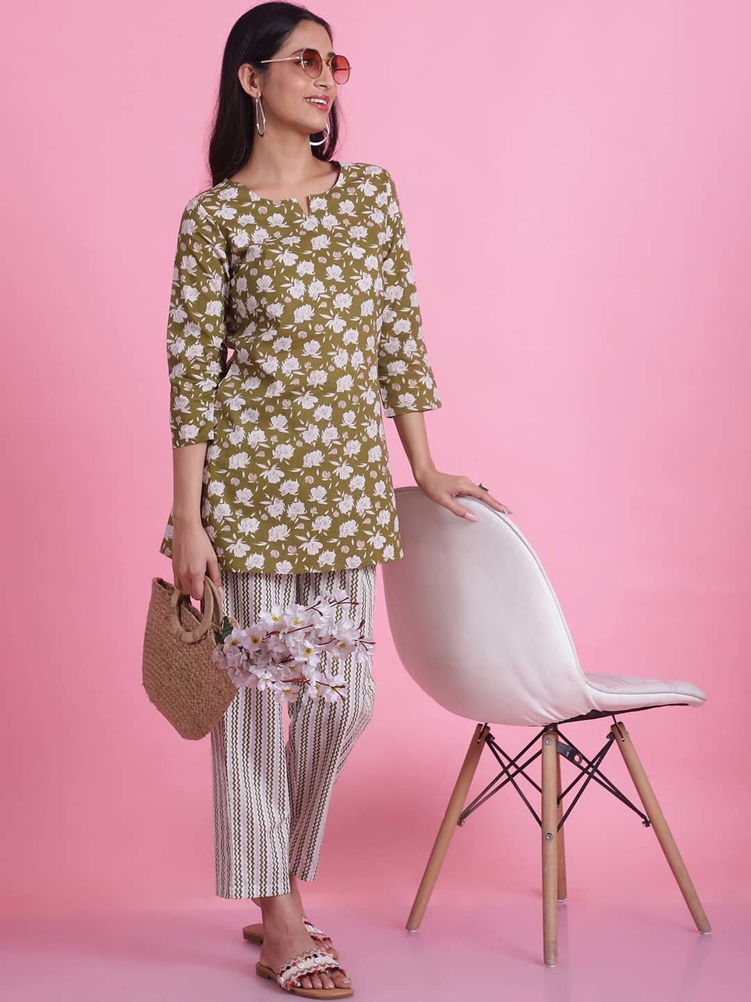 Prakrti Green & White Cotton Floral Print Top Pant Set