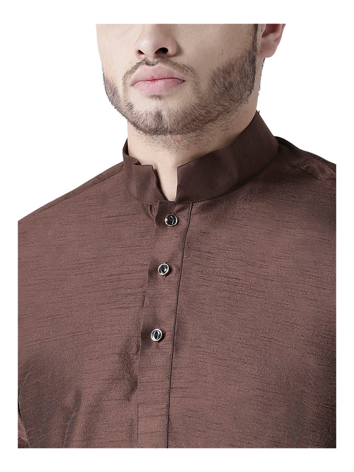 Deyann Dark Brown & White Mandarin Collar Silk Kurta Set