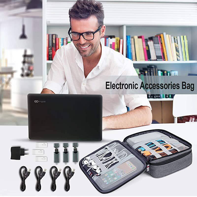 Electronic Organizer, Double Layer Travel Accessories Storage Bag for Cord, Adapter, Battery, Camera and More-a Sleeve Pouch for iPad or up to 9.7" Tablet(Large, Black)