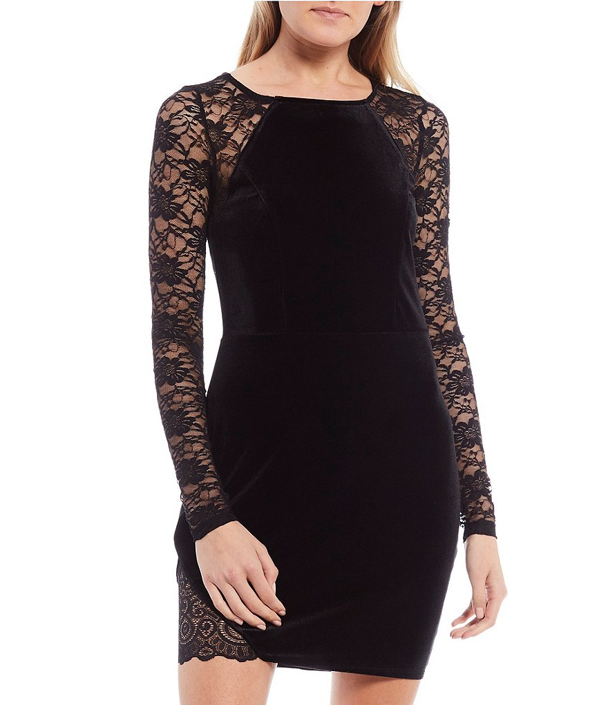 Honey and Rosie Long Lace Sleeves Velvet Bodycon Dress